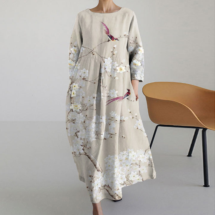 Robe Midi à Manches Longues à Col Rond Fleurie