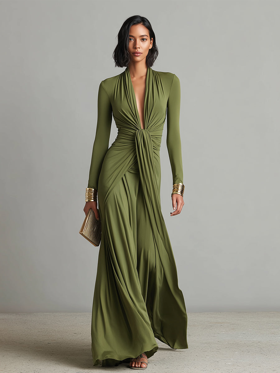 Sofia | Robe Maxikleid en Soie Olive à Profond Décolleté en V