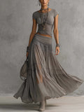 Elena | Ensemble Top Frangé & Jupe Maxi Plissée Dentelle Bohème