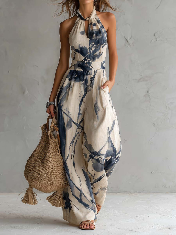 Lila | Combinaison Halter Imprimé Encre Japonaise & Jambes Larges