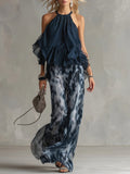 Ensemble Top Col Halter et Pantalon Large Imprimé