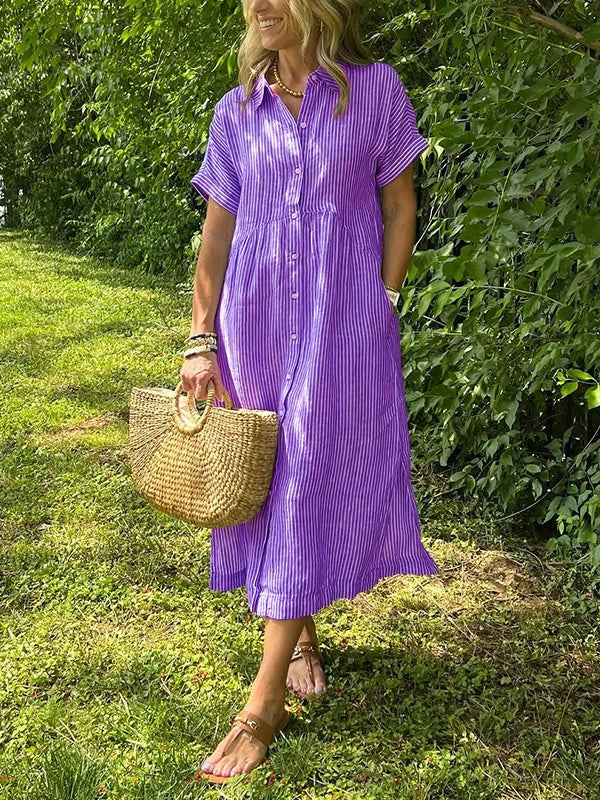 Wendy | Robe Chemise Rayée Lin & Manches Courtes