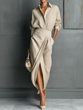 Ensemble Chemisier et Jupe en Mélange de Coton Beige pour Femmes