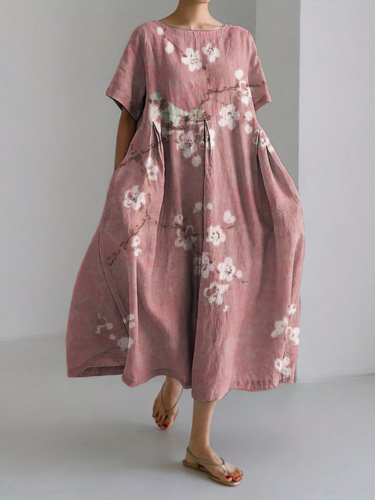 Robe Maxi en Mélange de Lin Japonais avec Oiseau sur Branches de Fleurs de Prunier