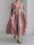 Robe Maxi en Mélange de Lin Japonais avec Oiseau sur Branches de Fleurs de Prunier