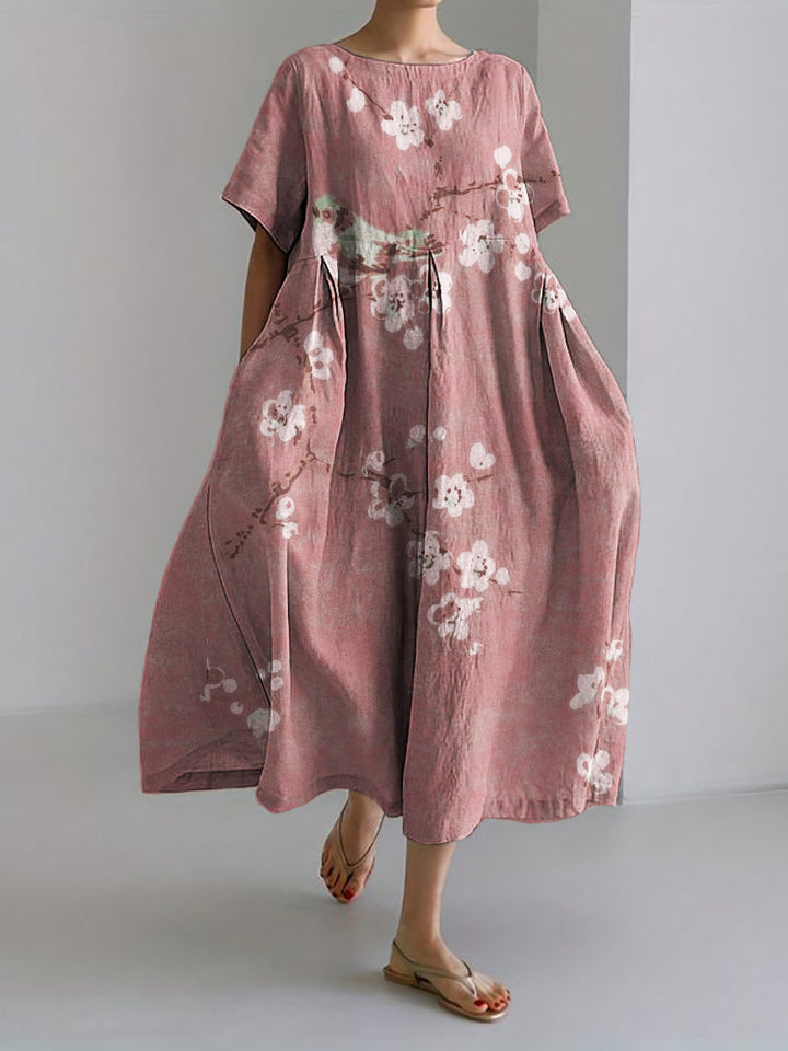 Robe Maxi en Mélange de Lin Japonais avec Oiseau sur Branches de Fleurs de Prunier