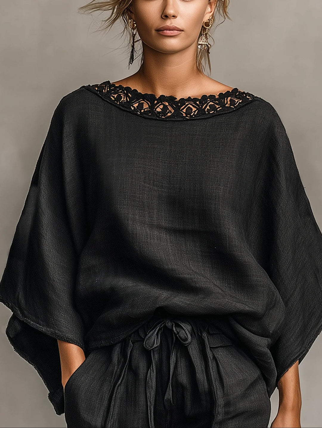 Ensemble Blouse à Col Bateau en Dentelle Lila et Shorts