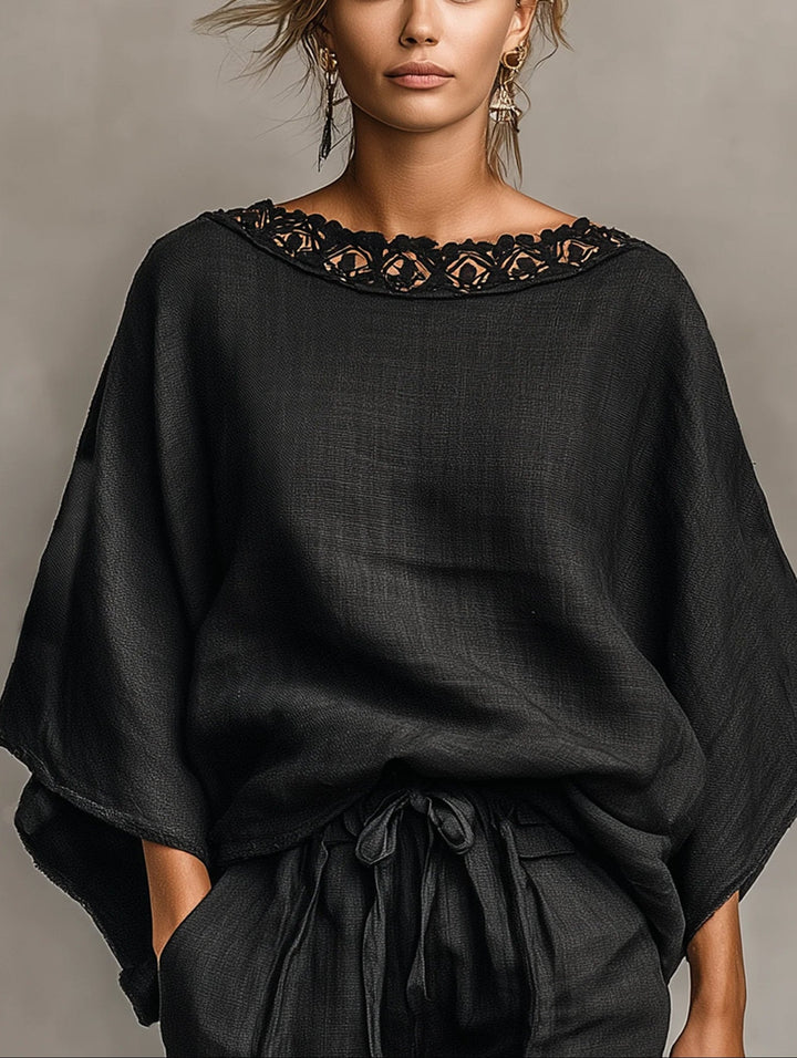 Ensemble Blouse à Col Bateau en Dentelle Lila et Shorts