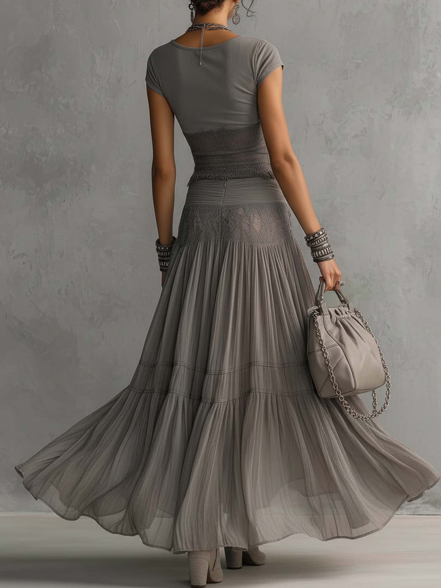 Elena | Ensemble Top Frangé & Jupe Maxi Plissée Dentelle Bohème