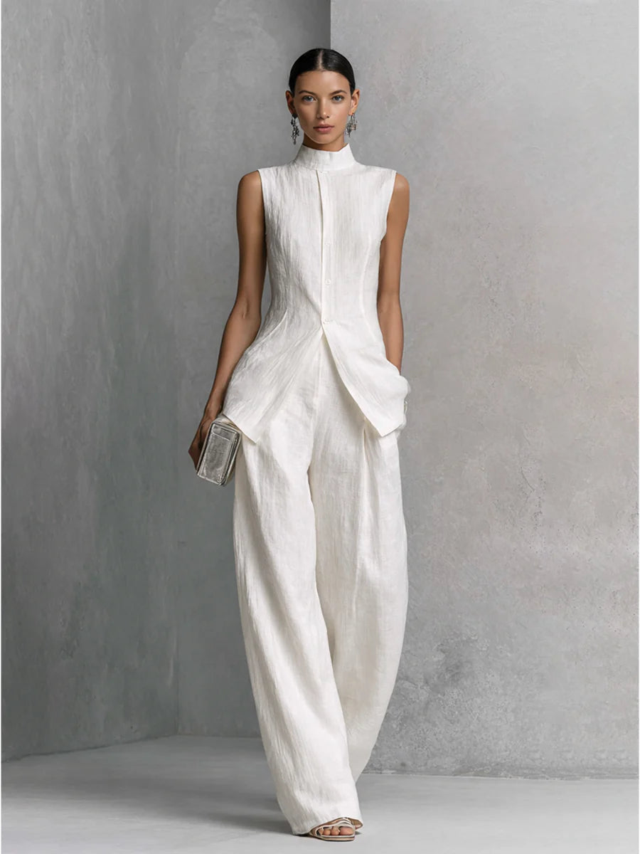 Ensemble top sans manches en lin-coton et pantalon à jambes larges