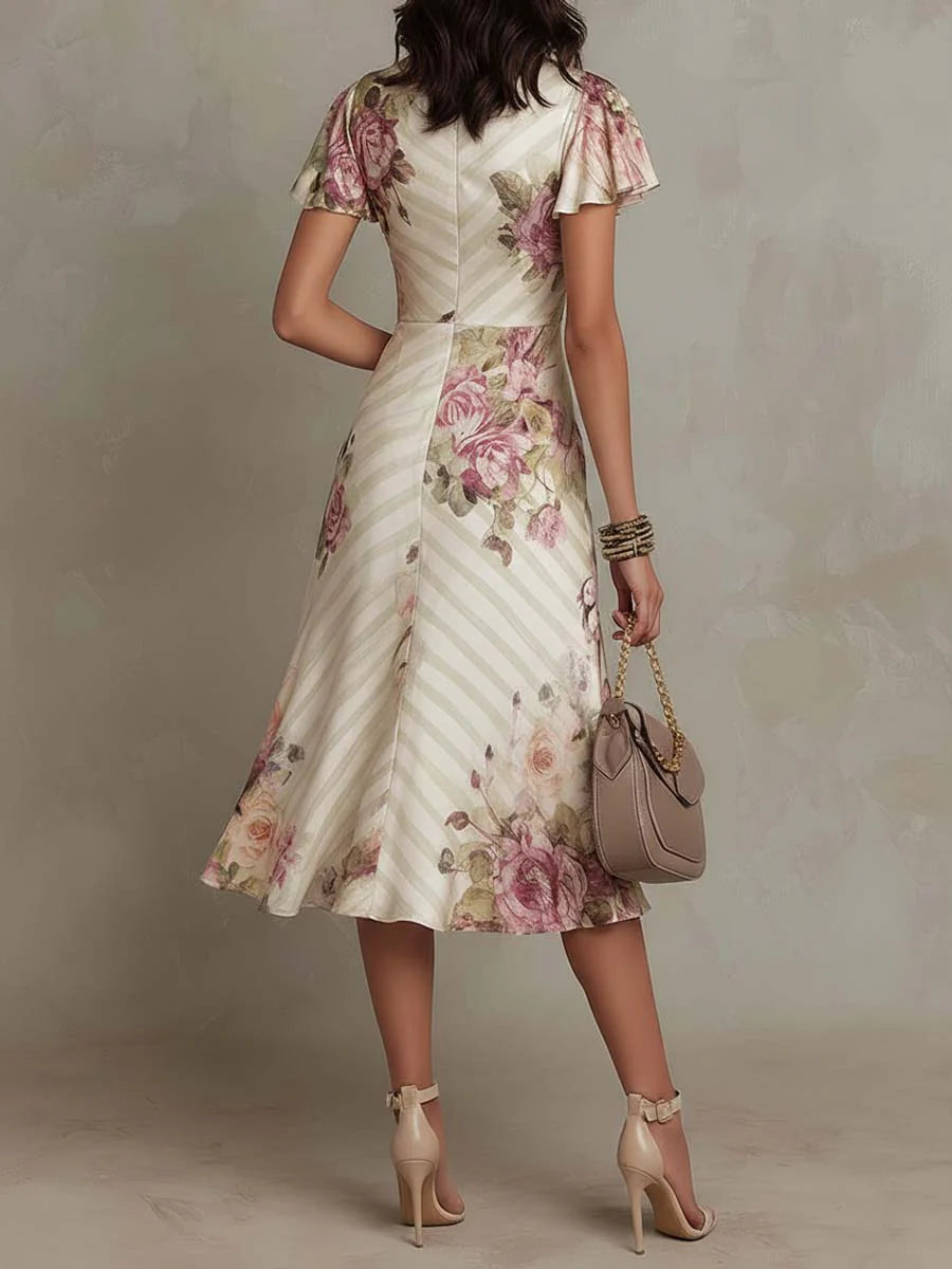 Alba | Élégante Robe Midi Satinée à Fleurs Rétro