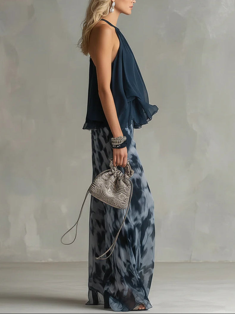 Ensemble Top Col Halter et Pantalon Large Imprimé