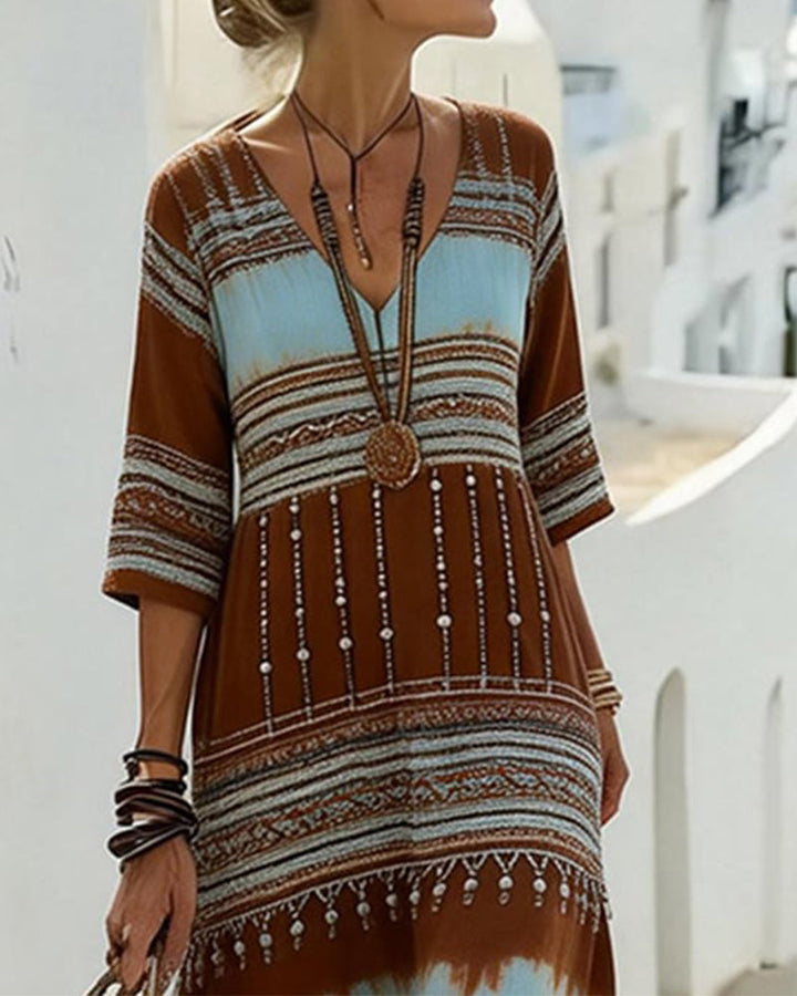 Robe Col V Imprimée Style Bohème