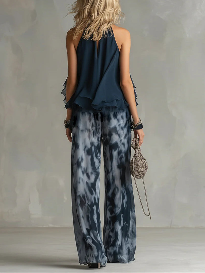Ensemble Top Col Halter et Pantalon Large Imprimé