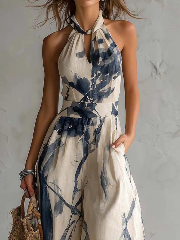 Lila | Combinaison Halter Imprimé Encre Japonaise & Jambes Larges