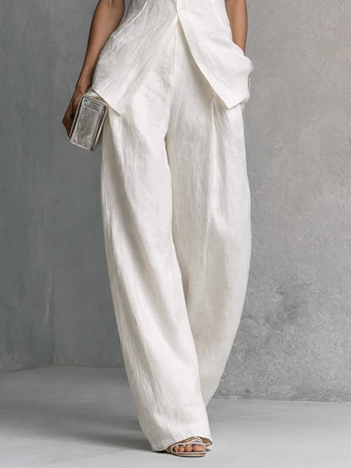 Ensemble top sans manches en lin-coton et pantalon à jambes larges