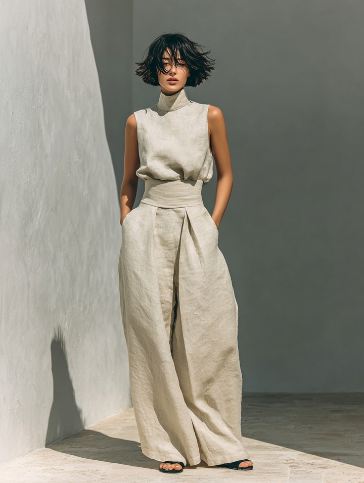 Ensemble Blouse Sans Manches Et Pantalon Large En Mélange De Coton Et Lin Pour Femmes