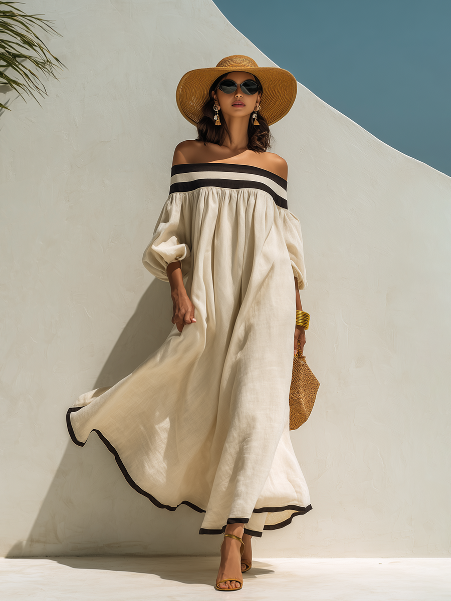 Élise | Robe Maxi Épaules Dénudées En Coton Lin