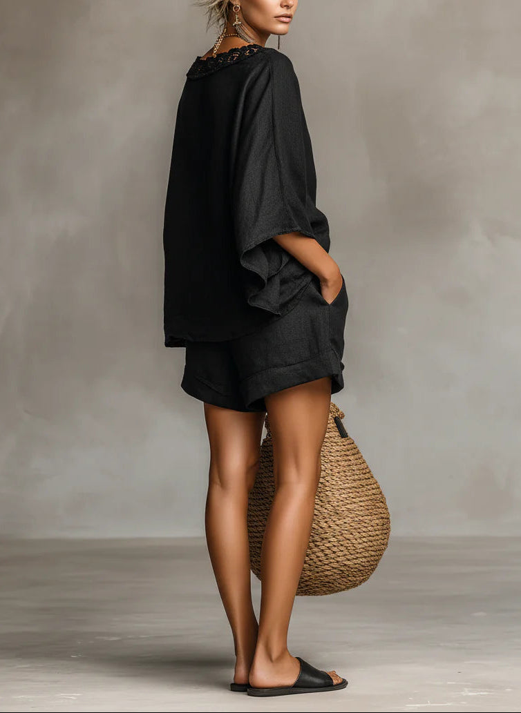 Ensemble Blouse à Col Bateau en Dentelle Lila et Shorts