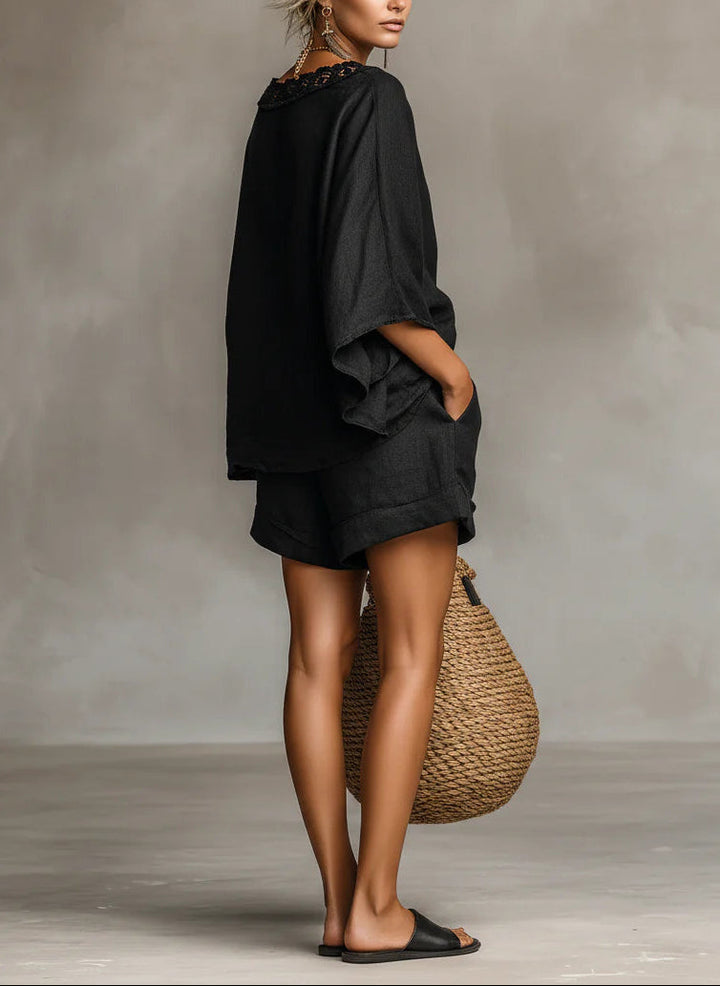 Ensemble Blouse à Col Bateau en Dentelle Lila et Shorts