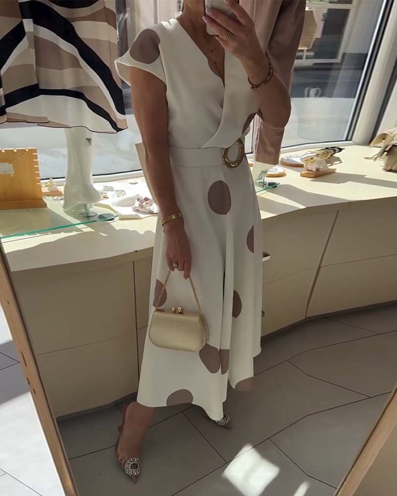 Ariel | Robe Midi Pois Grands Col V & Ceinture Dorée