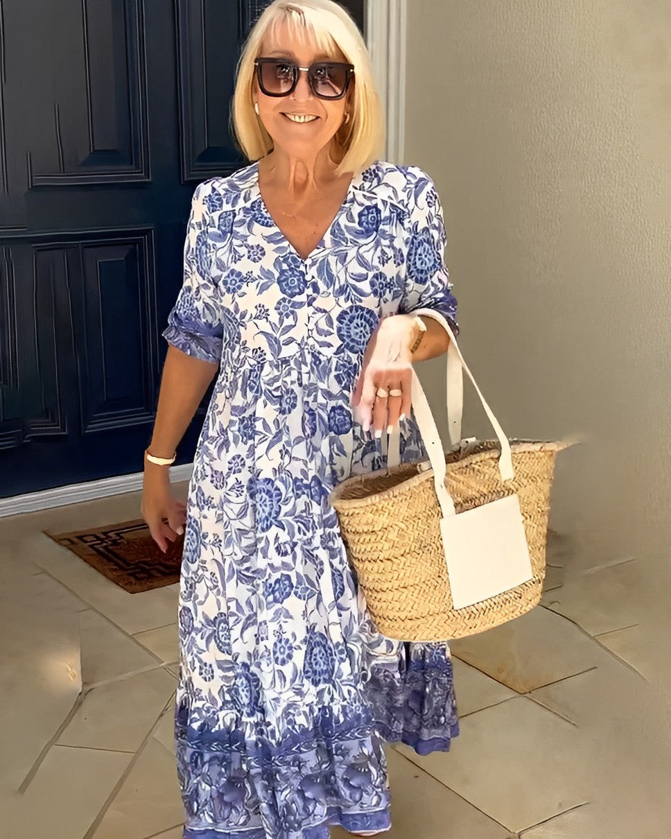 Ellie | Robe Midi Coton Imprimé Floral Bleu & Blanc Col V Étagée