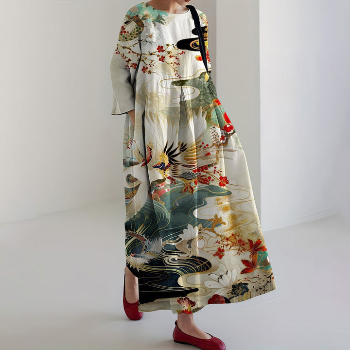 Robe Midi Imprimée Art Flora Japonaise pour Femmes