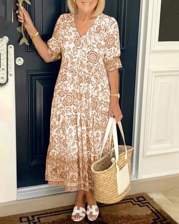 Ellie | Robe Midi Coton Imprimé Floral Bleu & Blanc Col V Étagée
