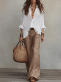 Chemise en Lin Léger Blanche Décontractée avec Pantalon Large Beige Sable