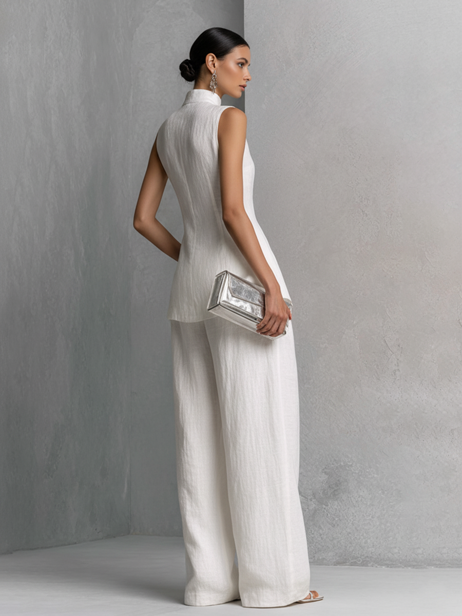 Ensemble élégant en coton lin blanc sans manches pour femmes avec pantalon large