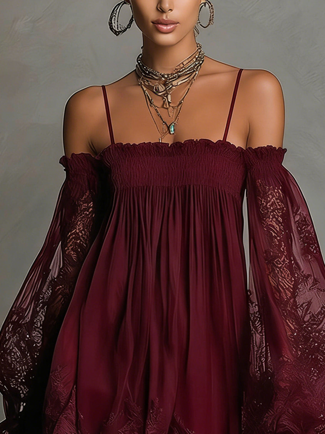 Noemi | Robe mini en chiffon bleu marine avec décolleté off-shoulder, bordure en dentelle et manches transparentes