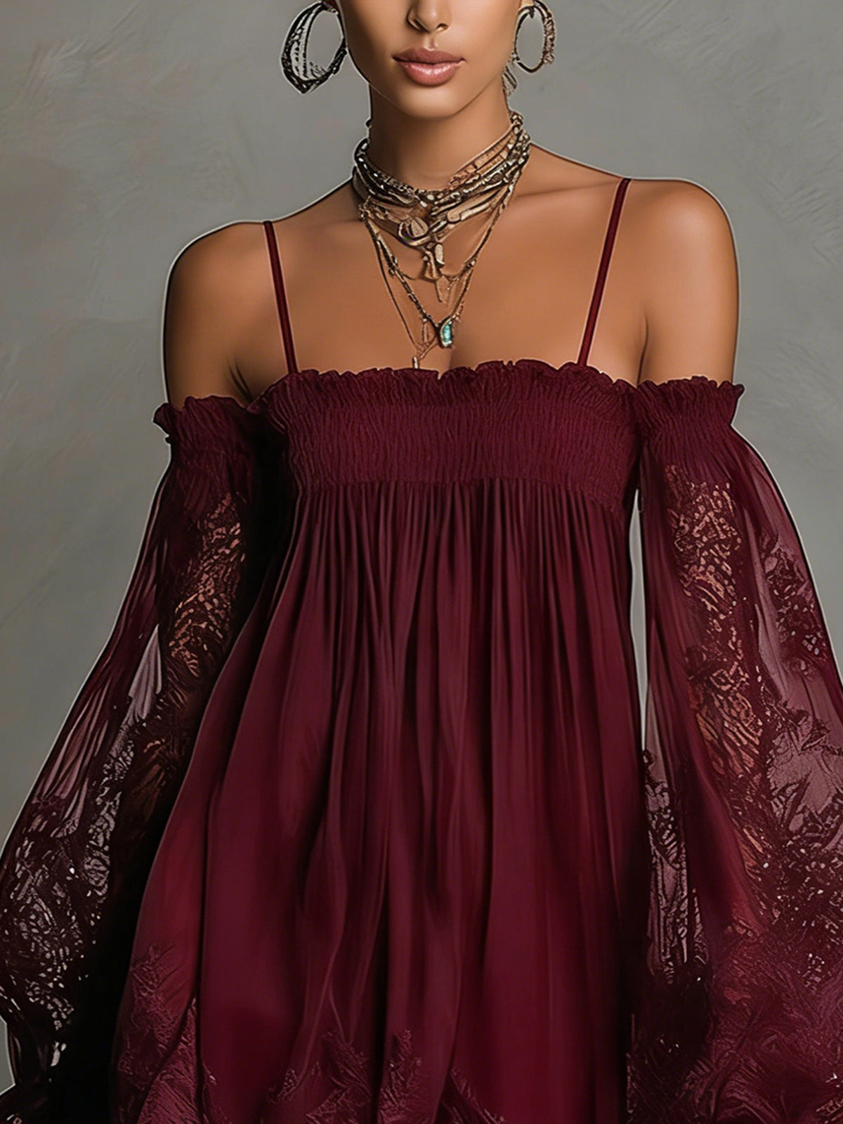 Noemi | Robe mini en chiffon bleu marine avec décolleté off-shoulder, bordure en dentelle et manches transparentes