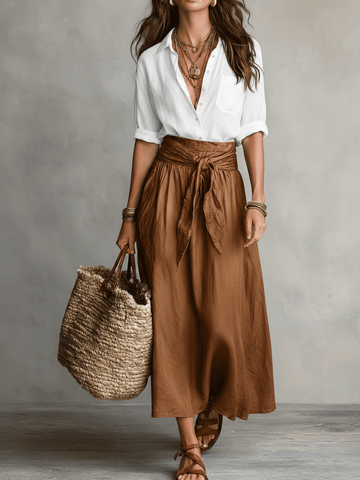 Ensemble Blouse Noire Boho Effortless & Jupe Midi Satin Olive