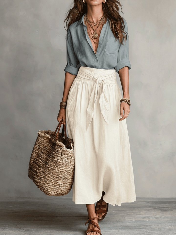Ensemble Blouse Noire Boho Effortless & Jupe Midi Satin Olive