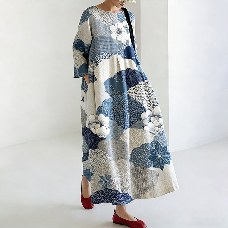Robe en Lin de Style Japonais pour Femmes avec Motif Floral