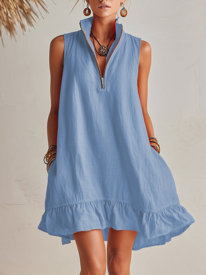 Manon | Robe Mini Lin Col Zippé & Ourlet Volant