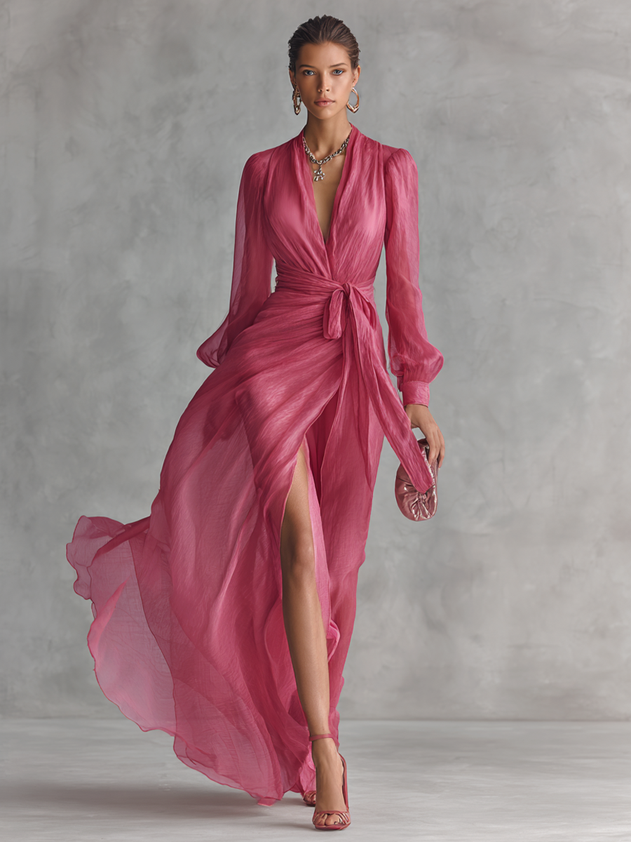 Mia | Robe Maxi Chiffon Rose à Décolleté en V