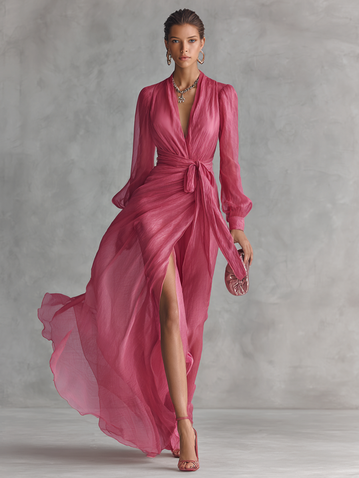 Mia | Robe Maxi Chiffon Rose à Décolleté en V