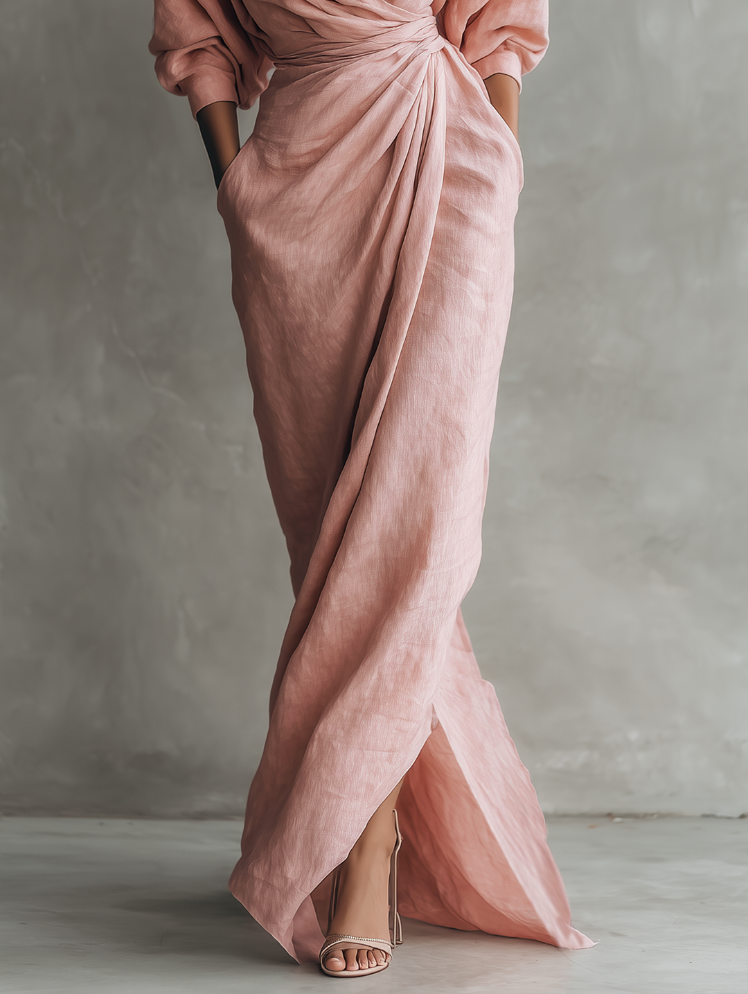 Rosalie | Robe Maxi Lin Col V Croisé Drapé & Torsade à la Taille