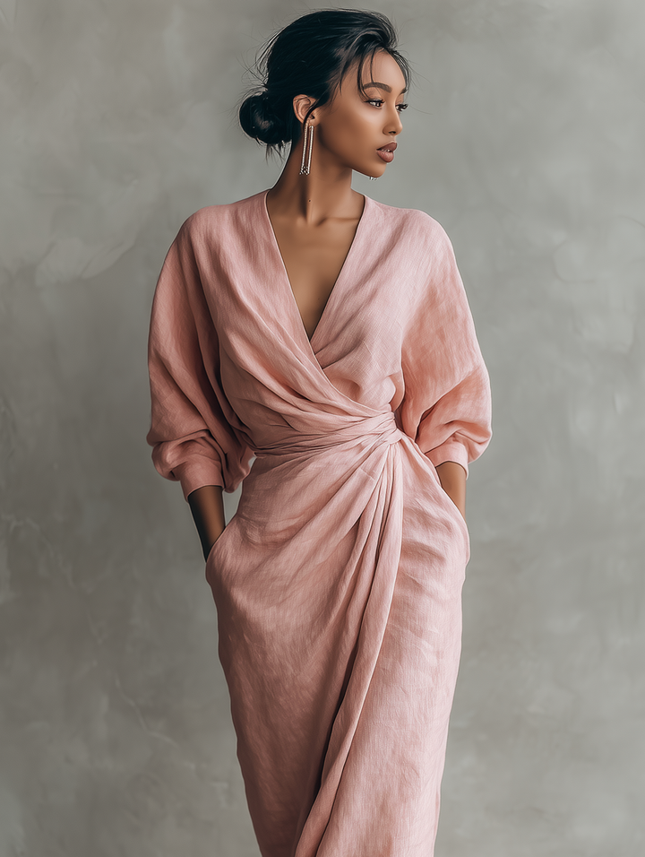 Rosalie | Robe Maxi Lin Col V Croisé Drapé & Torsade à la Taille