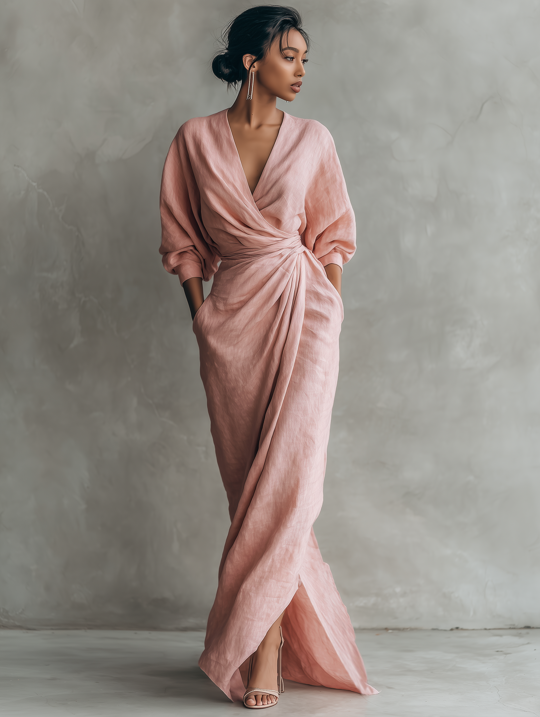 Rosalie | Robe Maxi Lin Col V Croisé Drapé & Torsade à la Taille