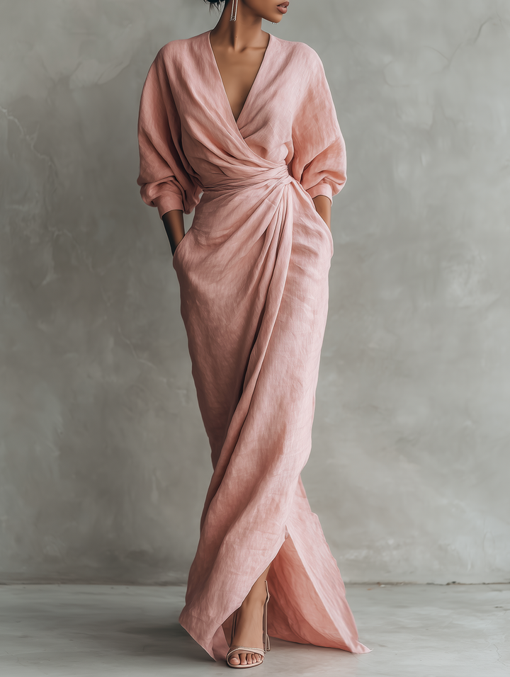 Rosalie | Robe Maxi Lin Col V Croisé Drapé & Torsade à la Taille