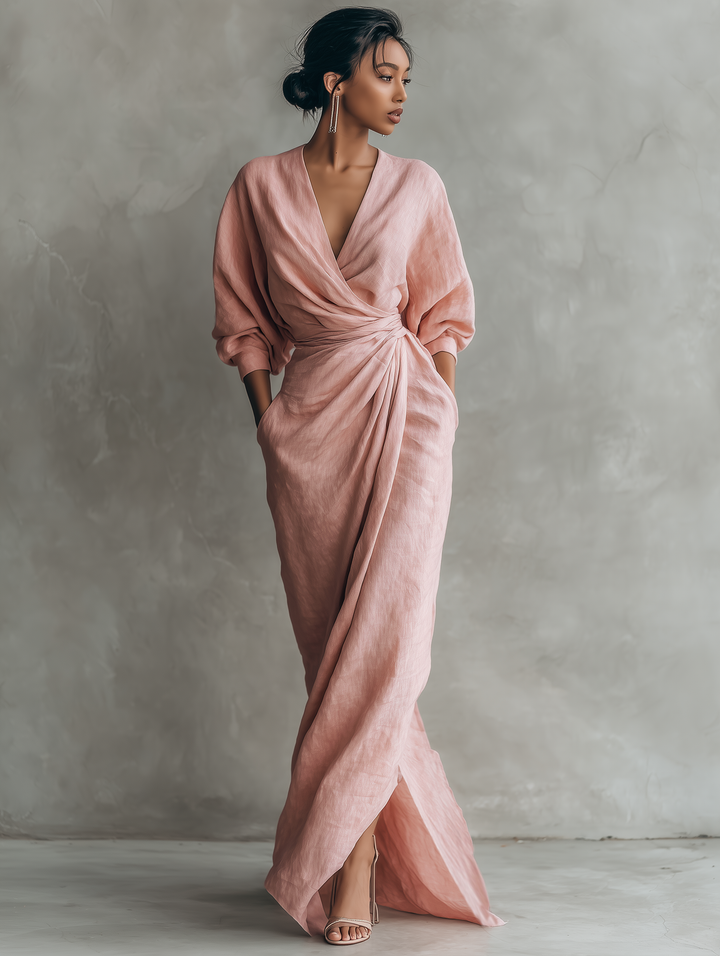 Robe longue minimaliste rose avec décolleté en V en mélange de lin pour femme