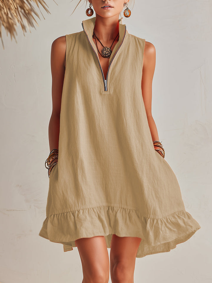 Manon | Robe Mini Lin Col Zippé & Ourlet Volant