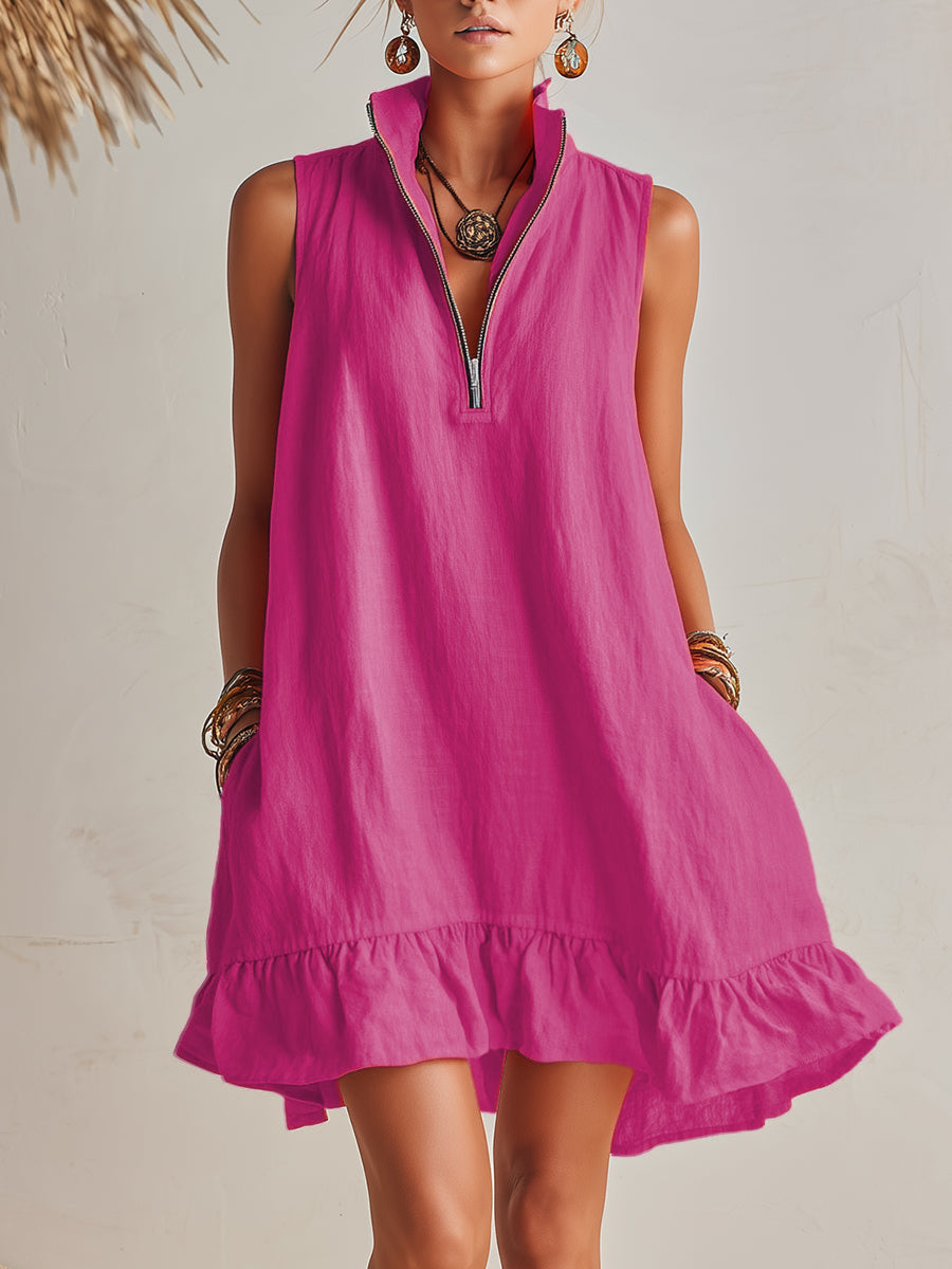 Manon | Robe Mini Lin Col Zippé & Ourlet Volant