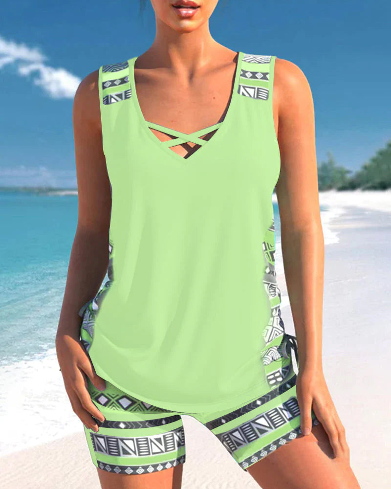 Azura | Tankini Deux Pièces Col V Croisé & Imprimé Géométrique Ethnique