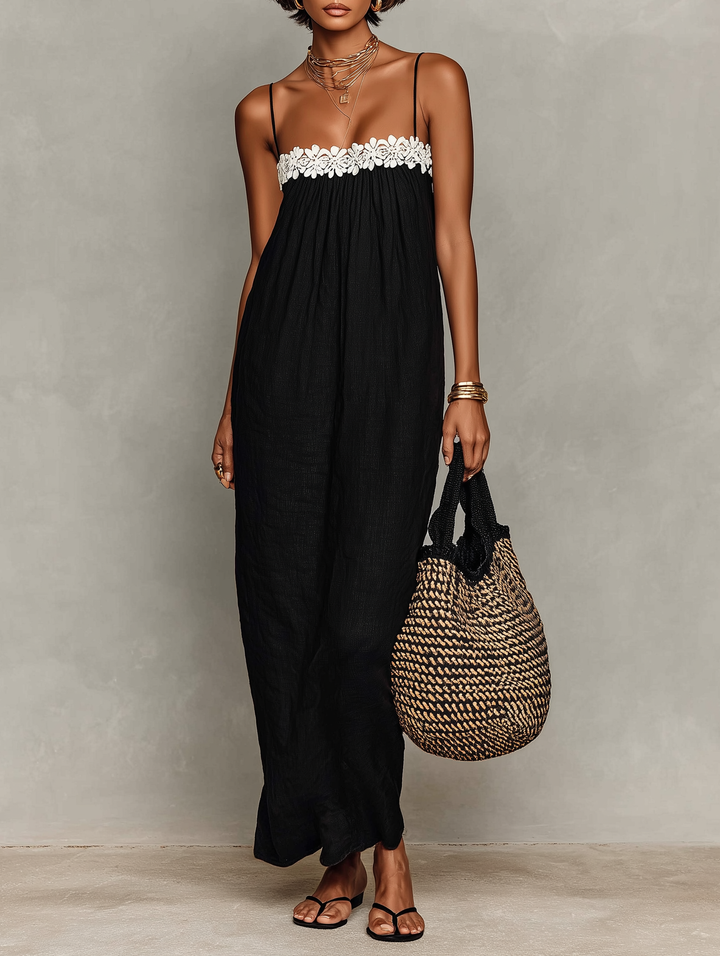 Robe Maxi Minimaliste Femme Sans Manches Avec Détails en Dentelle