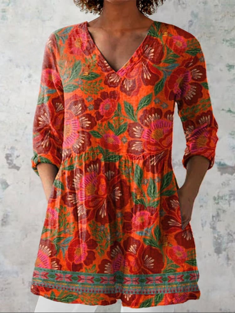 Aubrey | Chemise Ethnique Florale à Col V d'Été