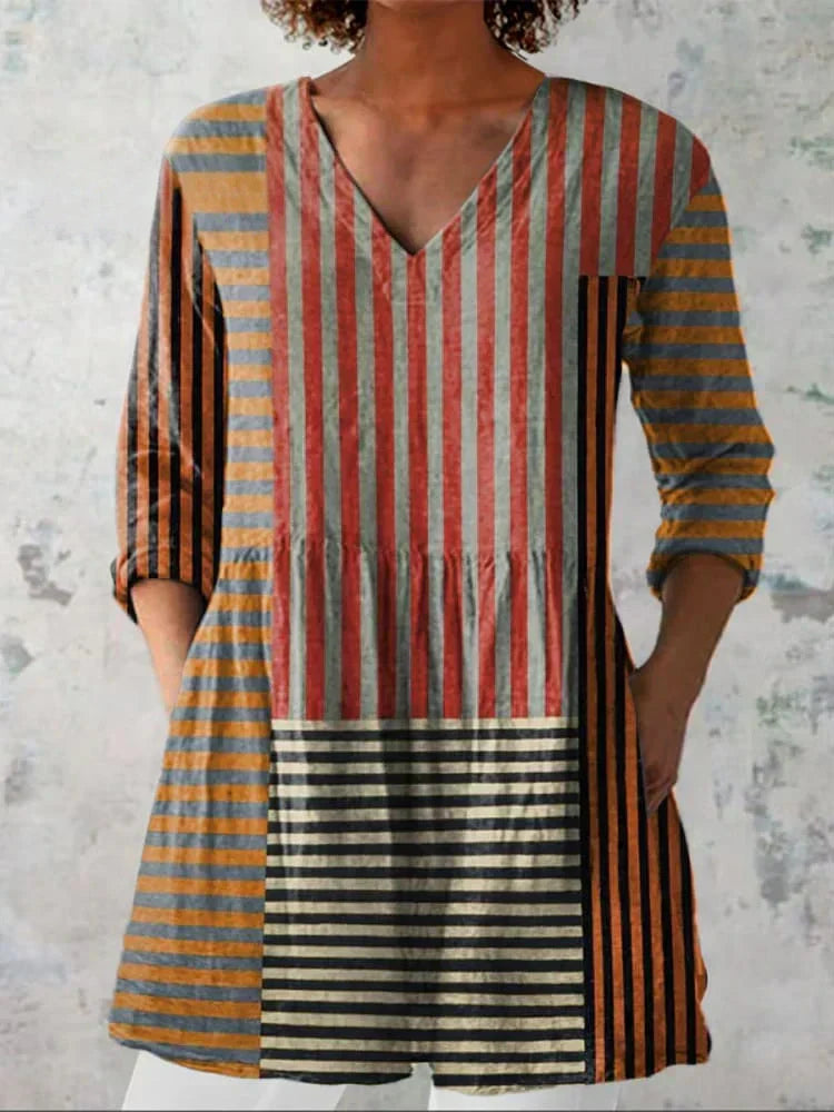 Avery | Chemise V-Neck Patchwork Rayée