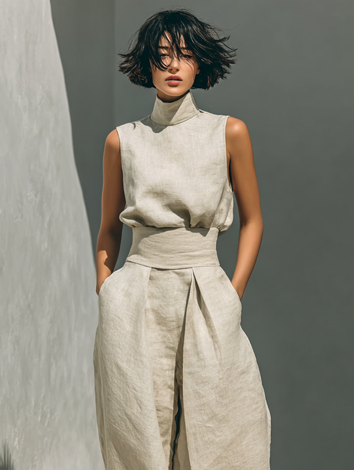 Ensemble Blouse Sans Manches Et Pantalon Large En Mélange De Coton Et Lin Pour Femmes